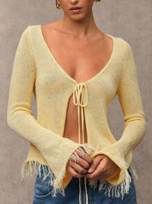 SHEIN BAE 女式休闲亮片装饰流苏下摆系带黄色开衫、秋季毛衣、啦啦队、可爱毛衣、女式毛衣、外出上衣、正式上衣、返校服、可爱上衣、毛衣、可爱、可爱毛衣 - 黃色 - 查看 2