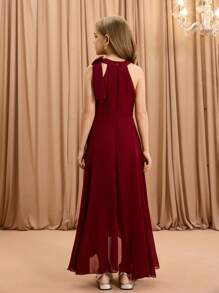 Tween Girls' Round Neck Sleeveless Dress With Bow Collar, Fitted Waist And Layered Hem, Elegant And For Party, Wedding, School, Halloween, Christmas - Red - View 2