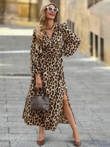 SHEIN Clasi 女式褶皱腰性感长裙动物印花外出上衣女秋季女装豹纹乡村，老钱服装女装所有女装豹纹连衣裙棕色女装，猎豹印花连衣裙 - 卡其色 - 查看 7
