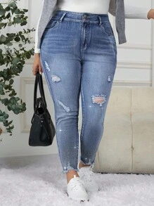 EMERY ROSE EMERY ROSE Jeans casuales ajustados con bolsillos y diamantes de imitación para mujer de talla grande - Azul - Ver 7