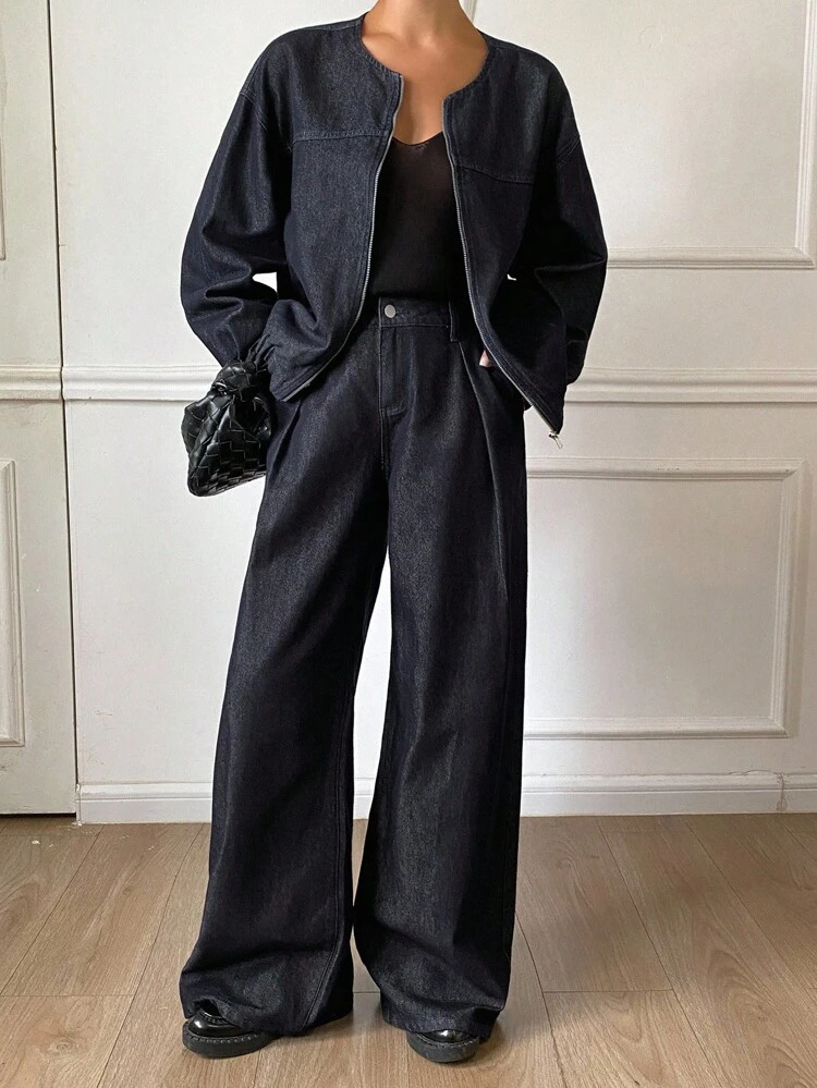 Women's Round Neck Elastic Waist Jacket Top And Loose Wide Leg Pants 2 Pieces Set, Casual