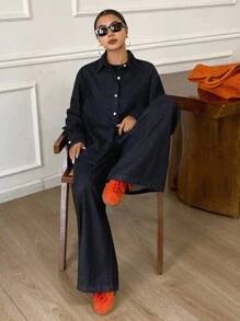 DAZY Women's Loose Denim Shirt With Collar And Straight Leg Pants 2 Pieces Casual Denim Suit - Dark Wash - View 6