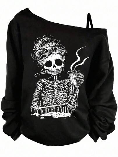 EMERY ROSE Plus Size Women Skull Drinking Coffee Graphic Casual Loose Fit Asymmetric Neck Long Sleeve T-Shirt With Cuff Detail Halloween Fall Clothes,Fall Clothes For Women