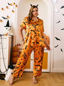 Chillnights Plus Size Faux Silk Shirt Collar Halloween Funny Pumpkin Print Set - Orange - View 11