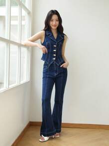 SHEIN Unity Bộ đồ denim giản dị cài nút kim loại mùa thu cho nữ, quần áo nữ mùa thu phong cách Hàn Quốc, quần áo nữ mùa thu, bộ đồ trở lại trường, trang phục giáo viên, phong cách tiền cũ - Rửa trung bình - Xem 6