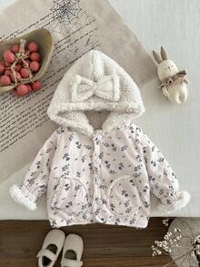 SHEIN 女婴休闲可爱花卉印花保暖内衬连帽夹克，冬季 - 彩色 - 查看 5