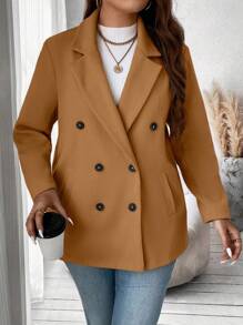 Vionelle Plus Size Women's Solid Color Lapel NeckLong Sleeve Double-Breasted Casual Overcoat Fall Winter Cloth For Women Winter Autumn