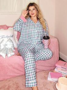 大码格子蝴蝶结方格纽扣上衣和裤子睡衣套装，秋季服装 - 彩色 - 查看 6