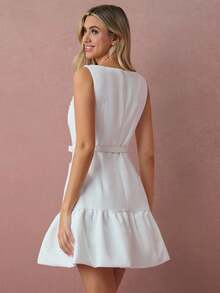 Enchnt Fall/Winter Romantic Women's White Metal Buttons Decor Sleeveless Bubble Hem Cute Mini Dress With Belt,Sweet&Elegant For Vacation&Date&Holiday&Birthday&Party&Graduation&Wedding Guest&Office&Going Out&Halloween&Christmas,Autumn Dresses For Women,Fall Clothes For Women,Autumn Outfits For Women,Back To School - White - View 7