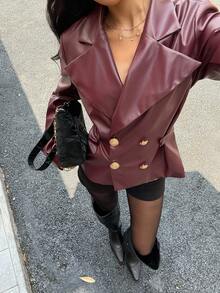 Siren Gaze 秋冬季女士酒红色PU皮夹克，时尚通勤金属纽扣翻领马甲，秋冬季女士圣诞新年优雅外套 - 酒紅色 - 查看 6