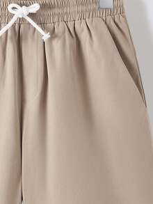 SHEIN Quần short cạp chun thoải mái, dễ mặc, có thể điều chỉnh độ rộng cho bé trai tuổi teen - Màu Khaki - Xem 4