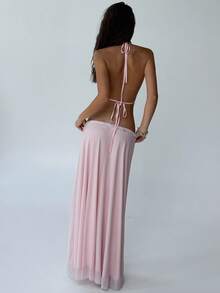 Aloruh Romantic Date Party Pink Medical Patchwork Backless Sexy Extra Long Mesh Women Dress - Baby Pink - View 3