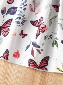 SHEIN Young Girl Butterfly & Plant Print Belted Dress