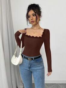 INAWLY 黑色法式优雅荷叶边方领长袖修身女式 T 恤 - 棕色 - 查看 5