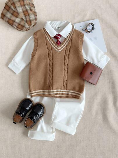 PrepCrw 男童V领花卉针织毛衣背心，学院风