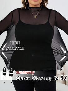 SHEIN CURVE+ 大码女式休闲透视网眼荷叶边立领长袖 T 恤大码透视上衣大码黑色上衣 8xl 女装 Curve Plus 上衣女式 Curve Plus 服装秋季女装、冬季、CURVE PLUS/秋冬 - 黑色 - 查看 1