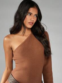 MISSGUIDED One Shoulder Knitted Mini Dress Long Sleeve Fitted Bodycon Winter Fall Party Club Night Out Elegant Form Fitting Sweater Dress - Khaki - View 6