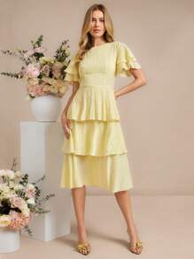 Amorya Women's Solid Color Round Neck Ruffle Hem Elegant Midi Dress - Yellow - View 6
