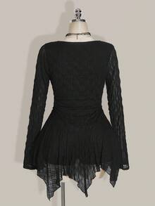 SHEIN ICON 大码女式纯色褶皱方领长袖不对称下摆连衣裙、Y2k 复古不对称下摆连衣裙、万圣节服装、女巫服装黑色连衣裙 - 黑色 - 查看 2