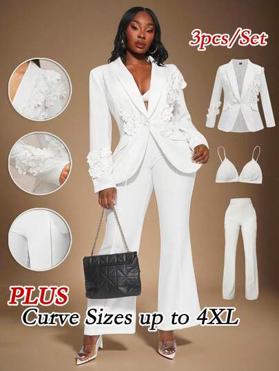 SHEIN SXY 大码女式秋冬、春夏优雅华丽迷人花卉贴花西装外套和裤子套装，适合舞会、舞会、巡航装、情人节