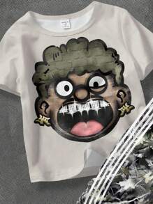 SHEIN Áo thun cổ tròn tay ngắn in họa tiết nhân vật hoạt hình cổ điển phong cách thường ngày cho bé trai, quần ống loe in họa tiết sọc cành cây héo cổ điển, bộ 2 món, phù hợp cho mùa hè, phong cách đường phố, trở lại trường học - Nhiều màu - Xem 3