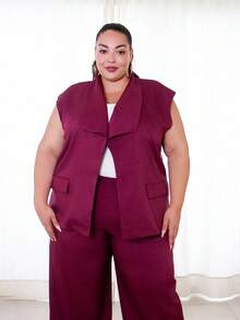 Pretty and Ole 大码女式优雅别致不对称领、喇叭袖西装外套（配腰带）和阔腿裤套装，春夏 - 紫色 - 查看 5