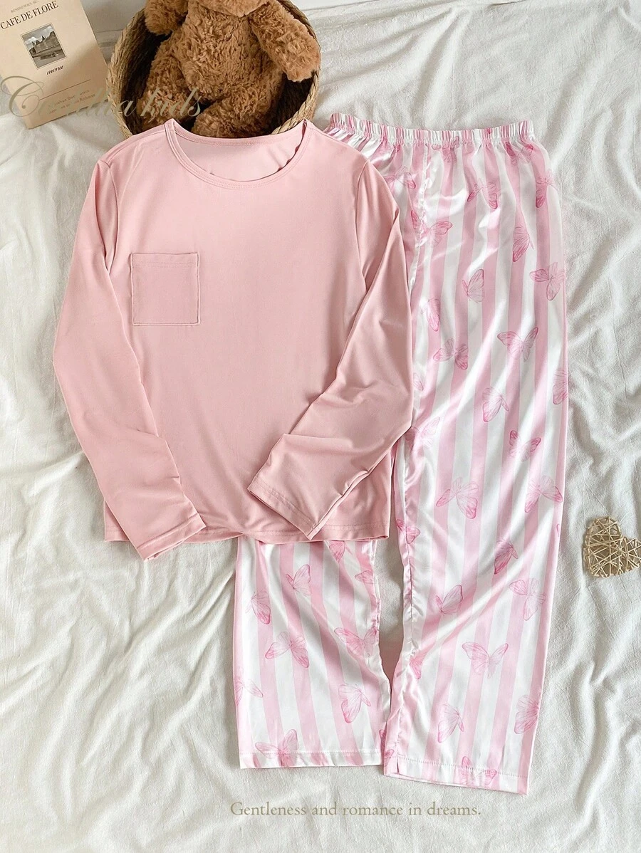 2pcs/Set Teen GirlCasual Comfortable Knit Pullover Top And Butterfly Print Pants Loungewear Set Pink Pajama Set Girls Pajama Set Butterfly Pajama Set 2 Piece Pajama Set Pink Pj Set - Pink - View 1