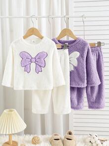 SHEIN 4pcs Baby Girl Minimalist Bow Embroidered Round Neck Long Sleeve & Pants Soft Comfortable Double-Sided Fleece Pajama Set, Autumn/Winter Fall - Multicolor - View 6