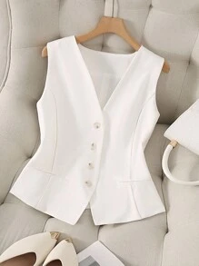 SHEIN PETITE CURVE 优雅大码女式背心外套，马甲夹克，适合通勤和日常穿着，可内穿或外穿 - 白色 - 查看 1