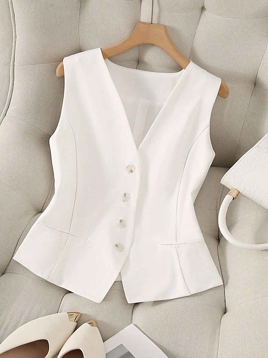 SHEIN PETITE CURVE 优雅大码女式背心外套，马甲夹克，适合通勤和日常穿着，可内穿或外穿 - 白色 - 查看 1