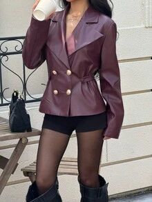 Siren Gaze 秋冬季女士酒红色PU皮夹克，时尚通勤金属纽扣翻领马甲，秋冬季女士圣诞新年优雅外套 - 酒紅色 - 查看 3