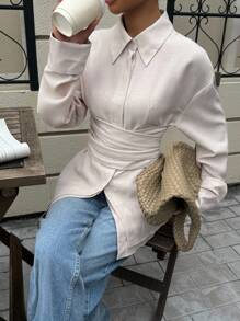 Siren Gaze 新款秋季女式休闲长袖衬衫，前扣开合，腰部收紧 - 杏色 - 查看 4