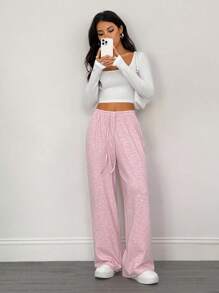 SHEIN PETITE 2pcs Women Solid Color Drawstring Waist Loose Casual Wide Leg Pants