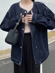 FRIFUL 女士休闲水洗落肩宽松夹克、牛仔夹克、秋季女装 - 黑色 - 查看 7