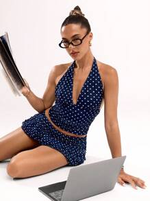 SHEIN BAE Top informal de mujer ajustado con escote halter, espalda descubierta y estampado all-over