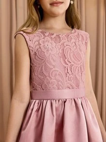 Tween Girls' Elegant Luxurious Pink Round Neck Midi Dress, Suitable For Party, Banquet, Evening, Wedding, Flower Girl, Prom, Holiday, Back To School, Graduation, Travel, Christmas, Halloween And Other Occasions - Pink - View 7