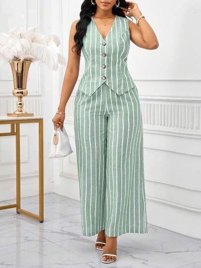 SHEIN Lady 2025 New Green And White Striped Fabric Women's Elegant Sleeveless Vest And Pants Suit Set, Business Commute Style, Summer Women Two Pieces Outfits Women Two Pieces Outfits,Work Outfits For Women Women Vacation Outfit Sets Striped Two Piece Set Halloween Chic Women's Set  Fall Outfits For Women