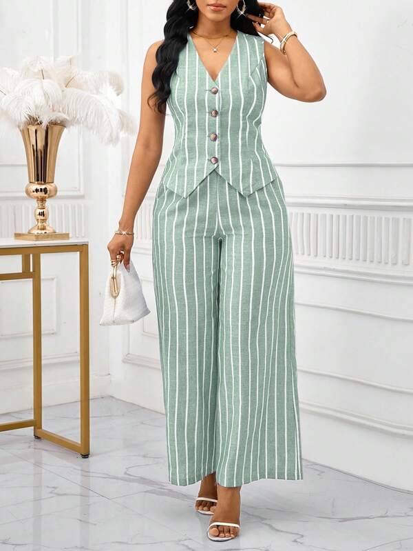 SHEIN Lady 2025 New Green And White Striped Fabric Women's Elegant Sleeveless Vest And Pants Suit Set, Business Commute Style, Summer Women Two Pieces Outfits Women Two Pieces Outfits,Work Outfits For Women Women Vacation Outfit Sets Striped Two Piece Set Halloween Chic Women's Set  Fall Outfits For Women
