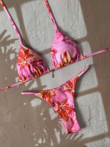 Elavelle Springbreak Women's Random Print Spaghetti Strap Sexy Bikini Swimsuit Set, Summer Beachwear Outfits - Multicolor - View 5