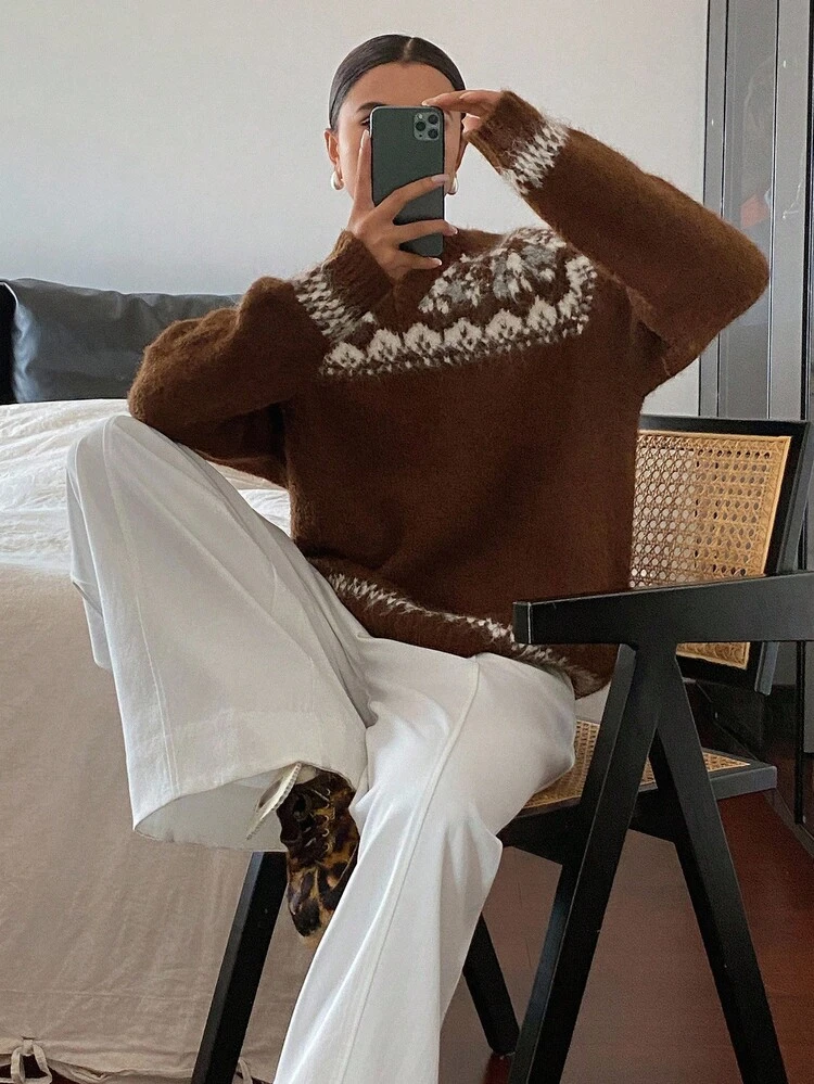 Women's V-Neck Bohemian Pattern Loose Pullover Sweater, Casual Resort & City Wear Fall
