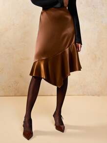 COSMINA Women's Elegant Satin Asymmetrical Skirt, Autumn/Winter - Brown - View 1