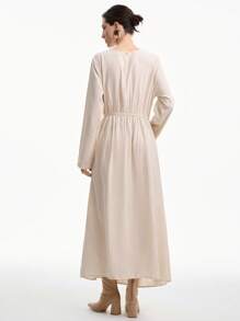 Aalyst Women's Elegant Minimalist High-End Casual Vacation Commute Comfortable Solid Color Linen Round Neck Front Pleated Metal Decor Elastic Waist Long Sleeve Maxi Dress, Spring/Autumn/Winter Fall Cloth For Women