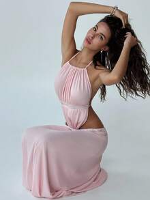 Aloruh Romantic Date Party Pink Medical Patchwork Backless Sexy Extra Long Mesh Women Dress - Baby Pink - View 9