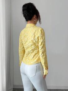 Elenzga Áo sơ mi Jacquard họa tiết trơn màu thời trang thanh lịch dành cho nữ, áo cánh dài tay cổ bẻ cài nút, phù hợp mặc hàng ngày và hẹn hò - Màu vàng - Xem 2