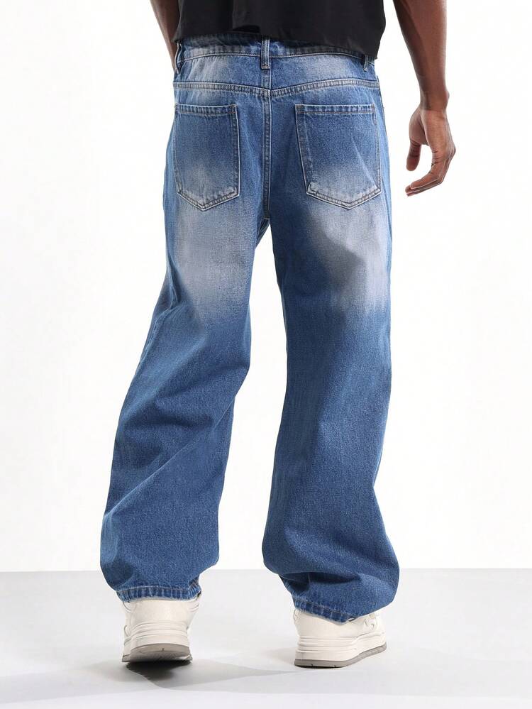 Wide Leg Gothic Text Print Denim Jeans