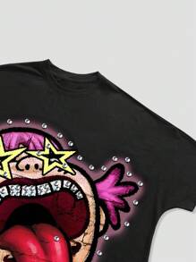 ROMWE MEN Street Life Men's Cartoon Print Round Neck Short Sleeve Casual Versatile T-Shirt, Summer - Black - View 4