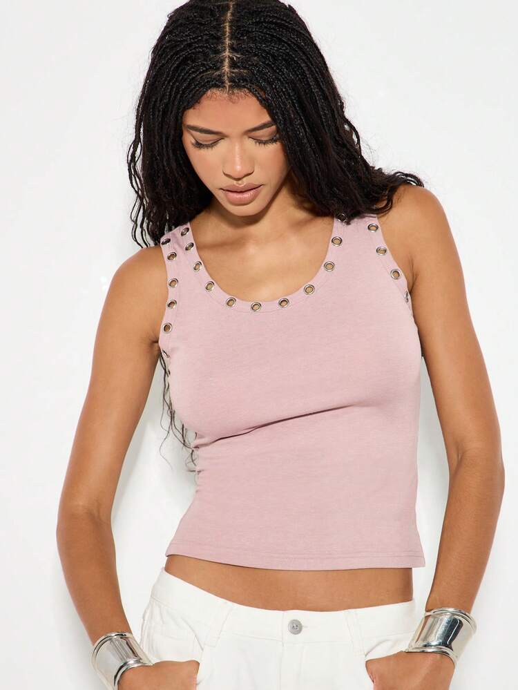 KIZN 아이릿 디테일이 있는 슬리브리스 리브 탱크