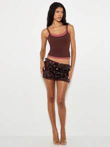 KIZN 双层吊带背心，粉色装饰，节日派对亮片迷你裙，夜店夜总会无袖夏季短款上衣，分层基本款必备 - 紅色 - 查看 3