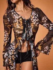 Glamance Vecteezy Cardigan Tipis Wanita Motif Polkadot Hitam dengan Kerah Ruffle dan Tali di Depan, Model Havana Nights, Atasan Jala untuk Musim Dingin - Hitam - View 6