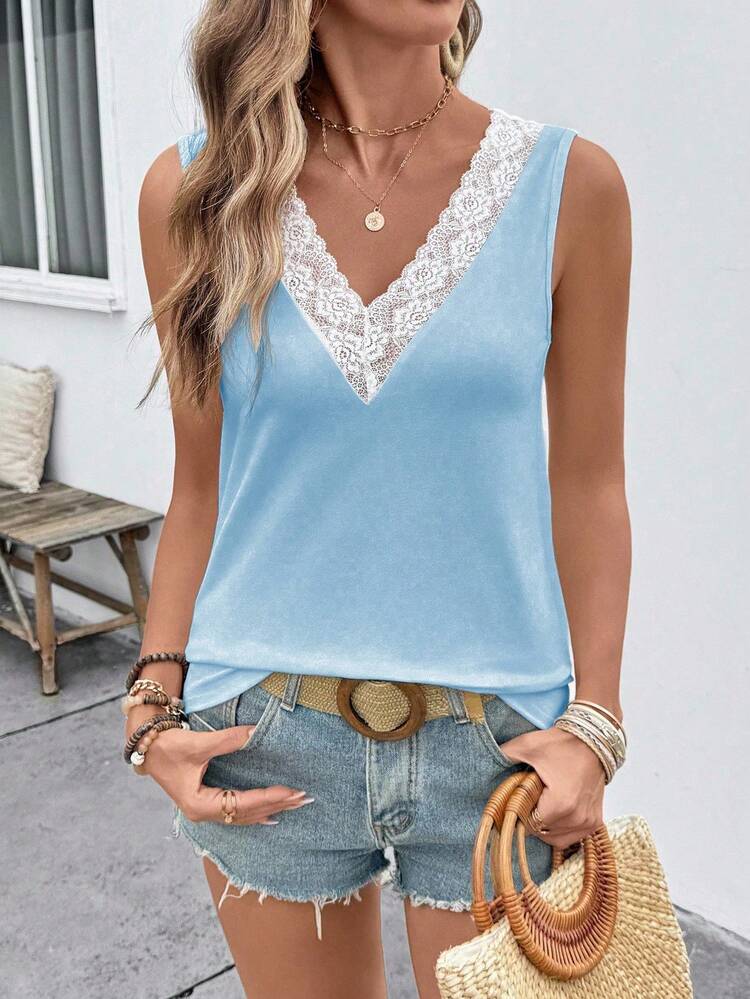 SHEIN LUNE Summer Vacation Casual Colorblock Lace Patchwork Camisole - Blue - View 4